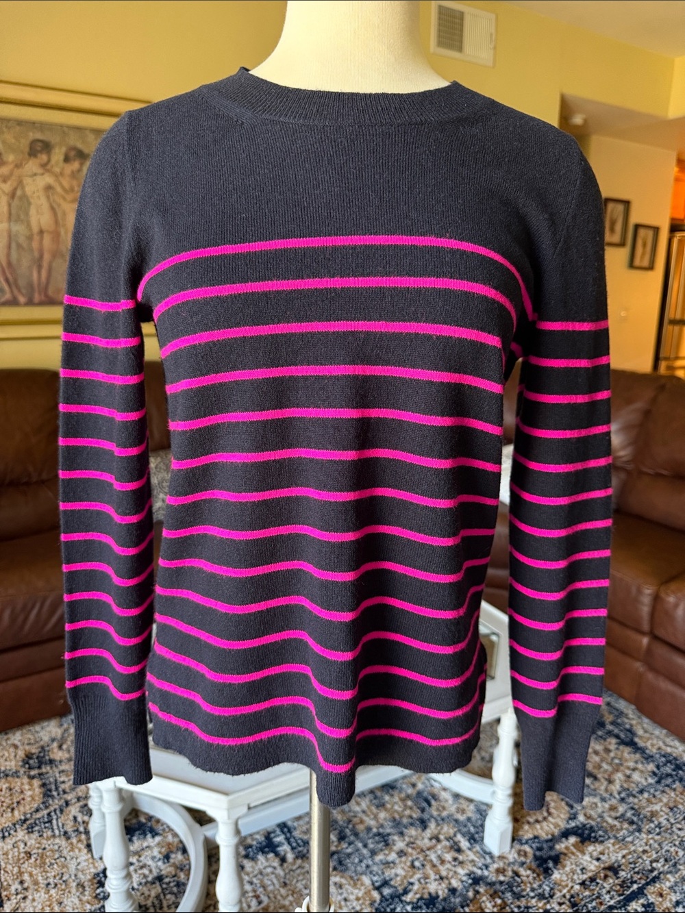 J. Crew Cashmere Crewneck Striped Sweater in Navy and Pink